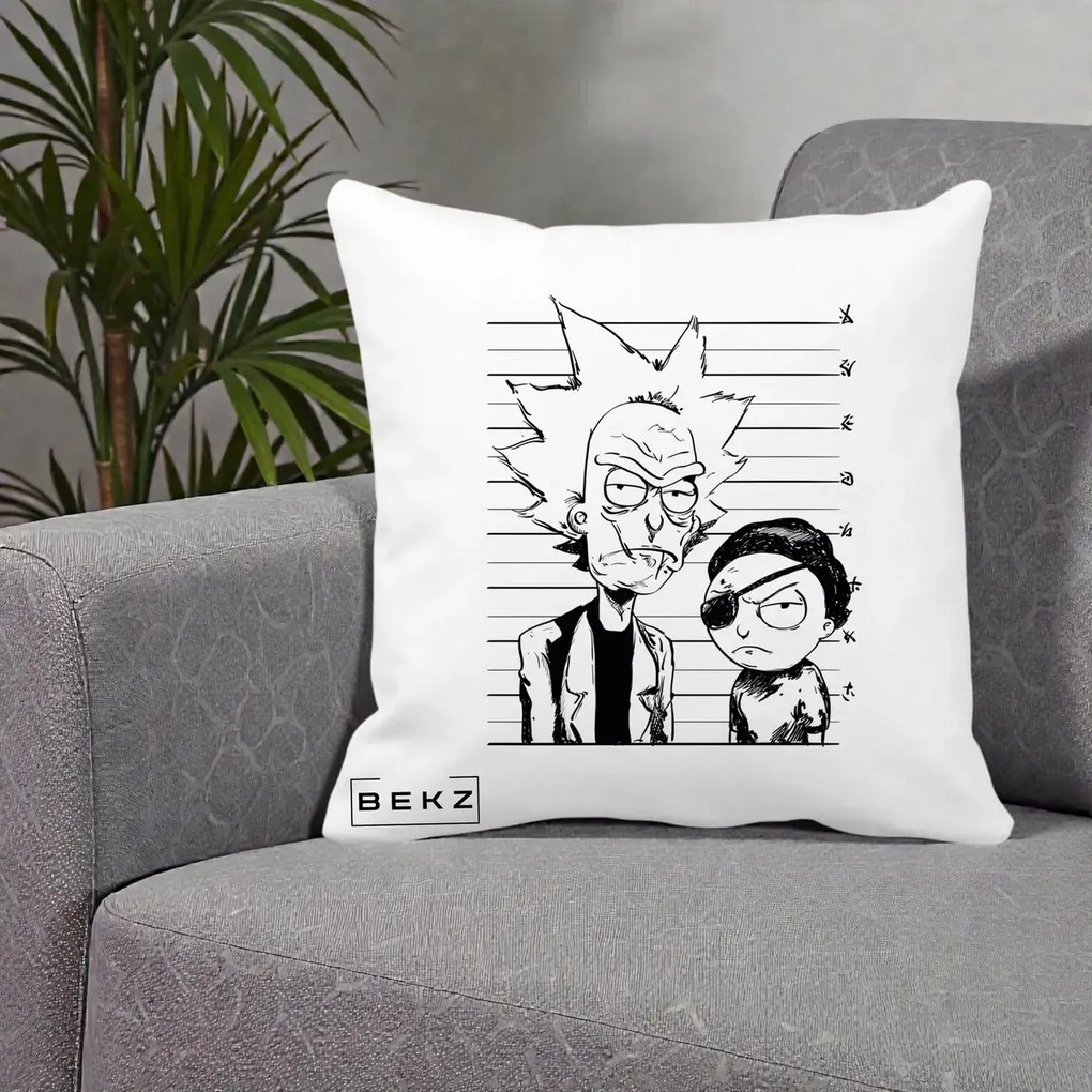 Perna Personalizata Rick si Morty Dosar, 40x40 cm, Alba Mata, Husa Detasabila, Perna Inclusa, BEKZ®