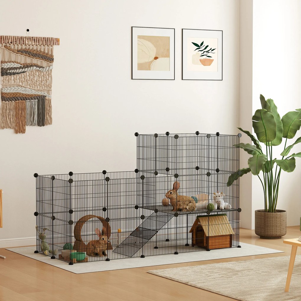 PawHut Țarc Modular pentru Animale de Companie de Talie Mică, cu 39 de Panouri și Accesorii, 140x70x105 cm, Negru | Aosom Romania