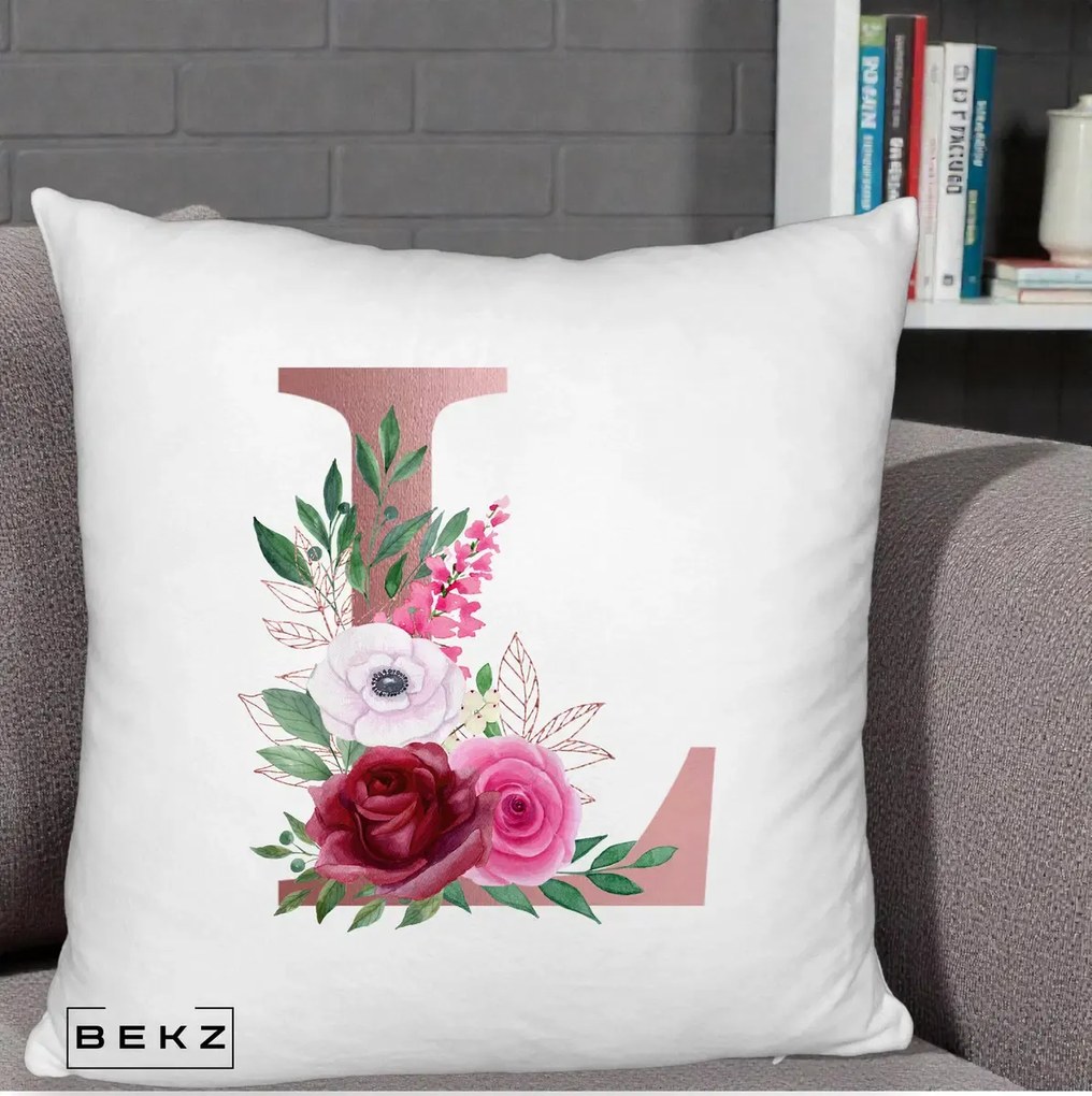 Cadou Personalizat - Perna Personalizata Monograma Rose Gold Litera L, 40x40 cm, Alb Pufos, Husa Detasabila, Perna Inclusa, BEKZ®