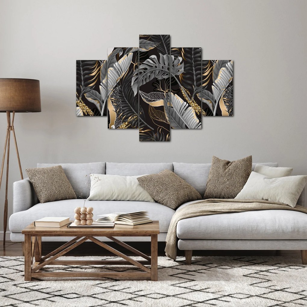 Tablou - Frunze tropicale, Galben - auriu (150x105 cm)