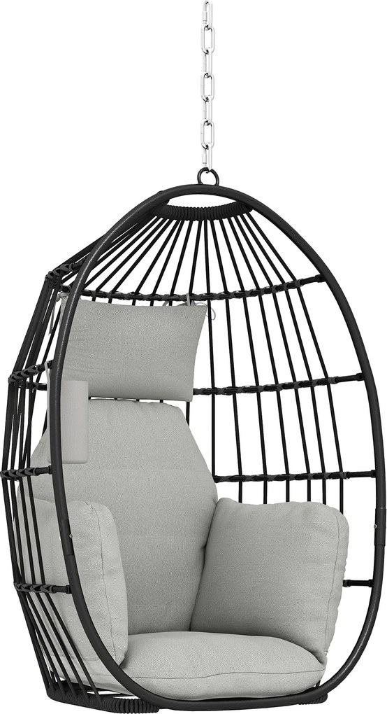 Scaun Suspendat Outsunny în Formă de Ou Fără Suport, Pliabil, cu Pernă Moale și Tetieră, Suport Pahar, Capacitate 120 kg, Gri Închis | Aosom Romania