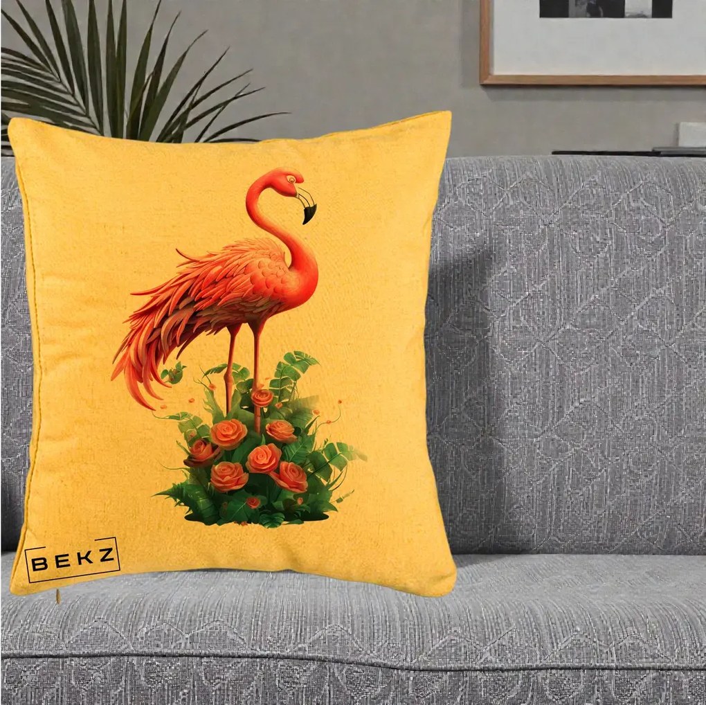 Perna Decorativa Flamingo cu Trandafiri Tropicali, 40x40 cm, Galben, Husa Detasabila, Perna Inclusa, BEKZ®
