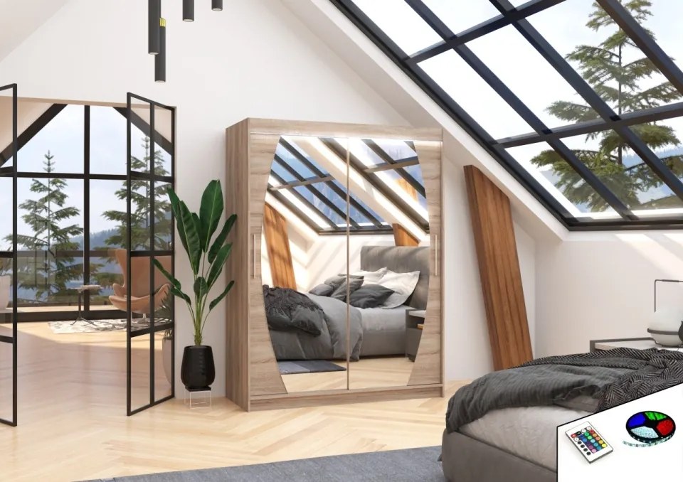 Dulap cu usi glisante si oglinda + iluminare LED, Alen 150 + LED, 150 cmx200 cmx58 cm, ADRK Furniture (Culoare: Alb)