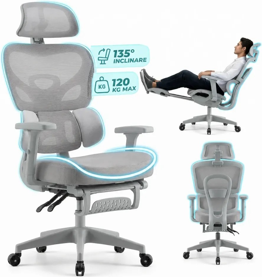 Scaun ergonomic, Suport Lombar 3 Zone Dinamice, Spătar ajustabil pe inaltime, cotiere 3D, tetiera 3D, suport pentru picioare, umeras, pivotant, Mesh, Gri