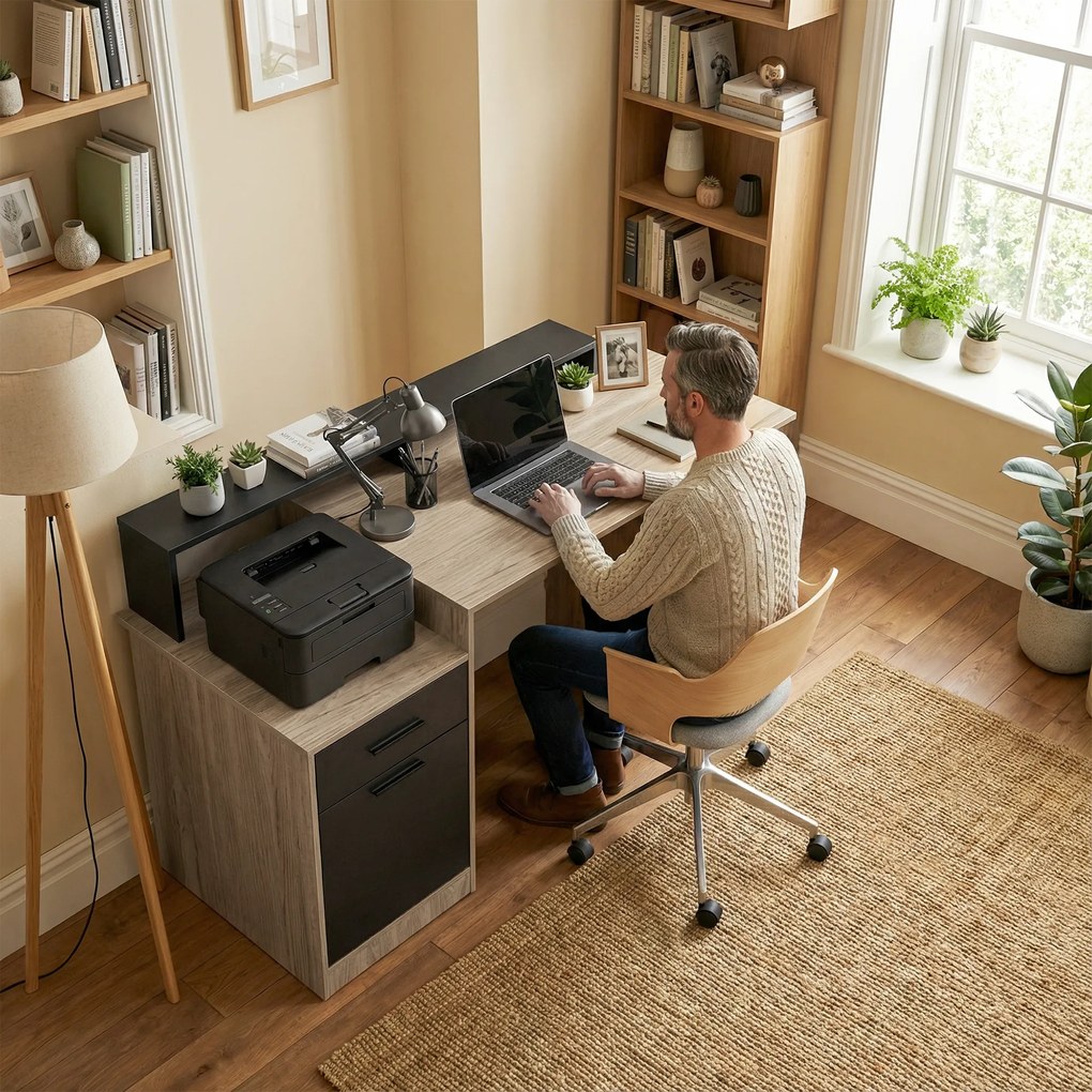 HOMCOM Masă pentru calculator cu spațiu de depozitare și rafturi, birou modern pentru birou și cameră de lucru, 140 cm, stejar | Aosom Romania