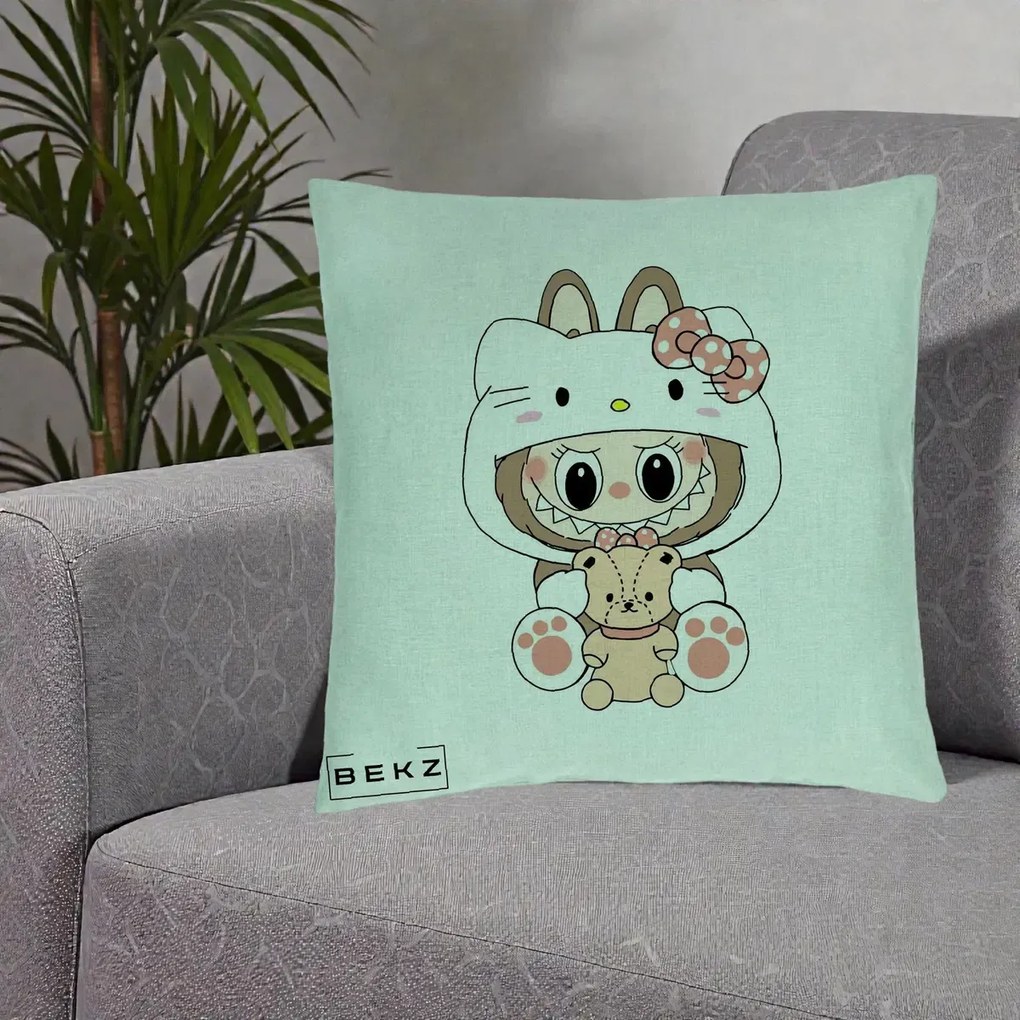 Perna Personalizata Labubu x Hello Kitty, 40x40 cm, Verde Menta, Husa Detasabila, Perna Inclusa, BEKZ®
