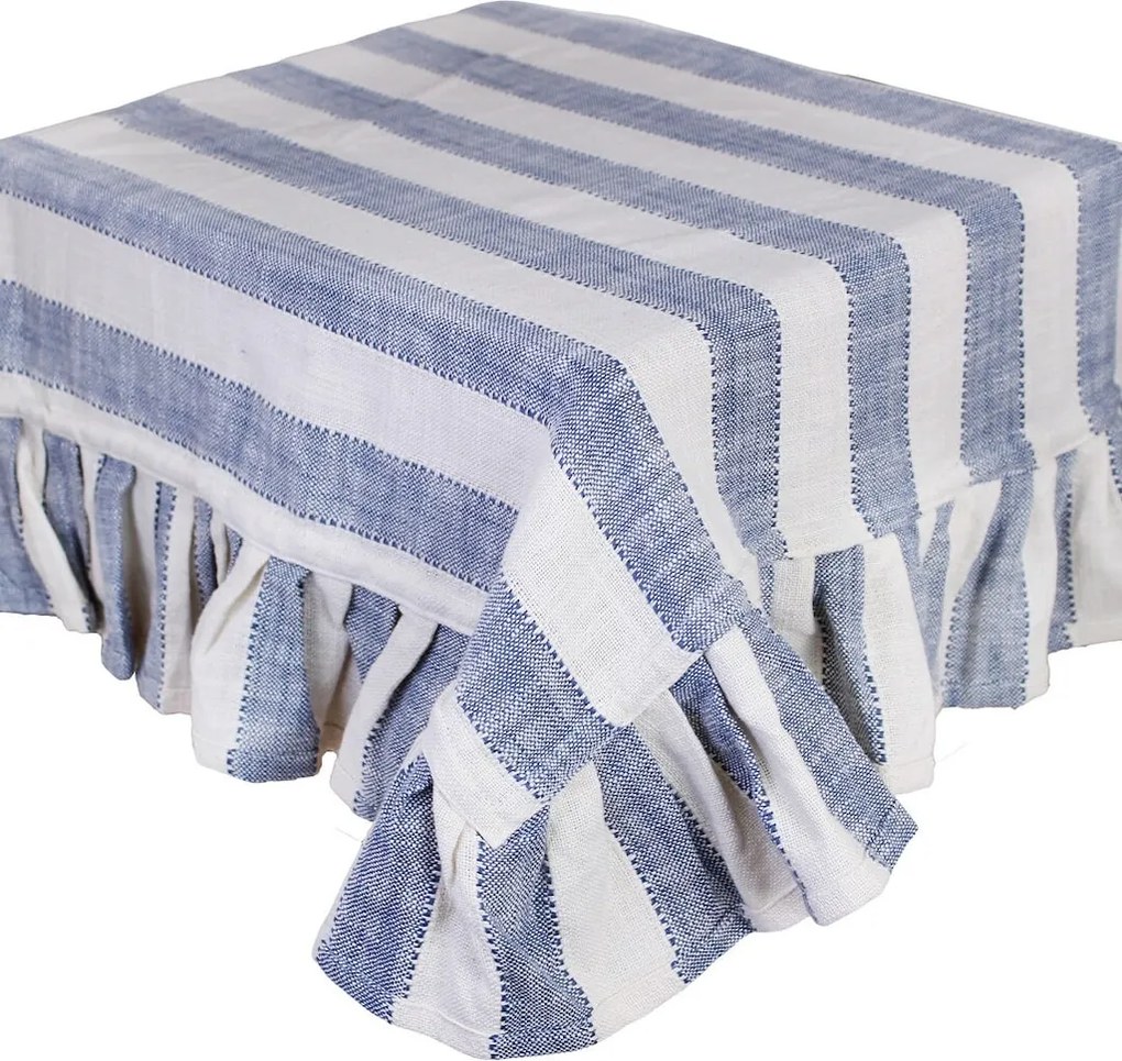 Față de masă din bumbac organic, albastru și alb, model în dungi cu volănaș decorativ, 150 × 250 cm, „Ida Stripe"