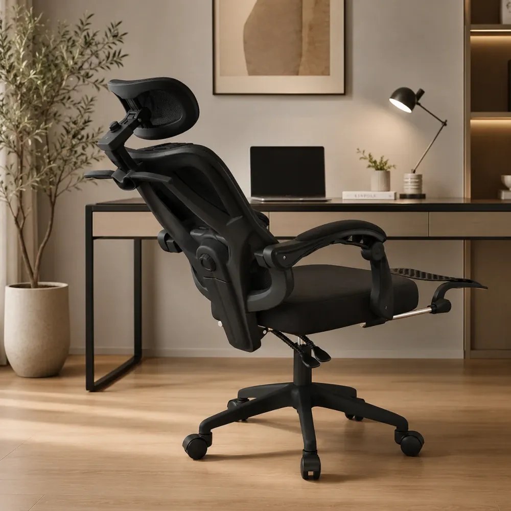 Scaun ergonomic cu suport lombar 4D, tetieră reglabilă 4D, pivotant 360°, suport pentru picioare, Negru