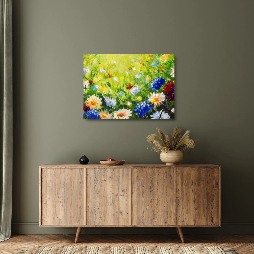 Tablou pe sticlă - Pictură în ulei, pajiște înflorită (70x50 cm)