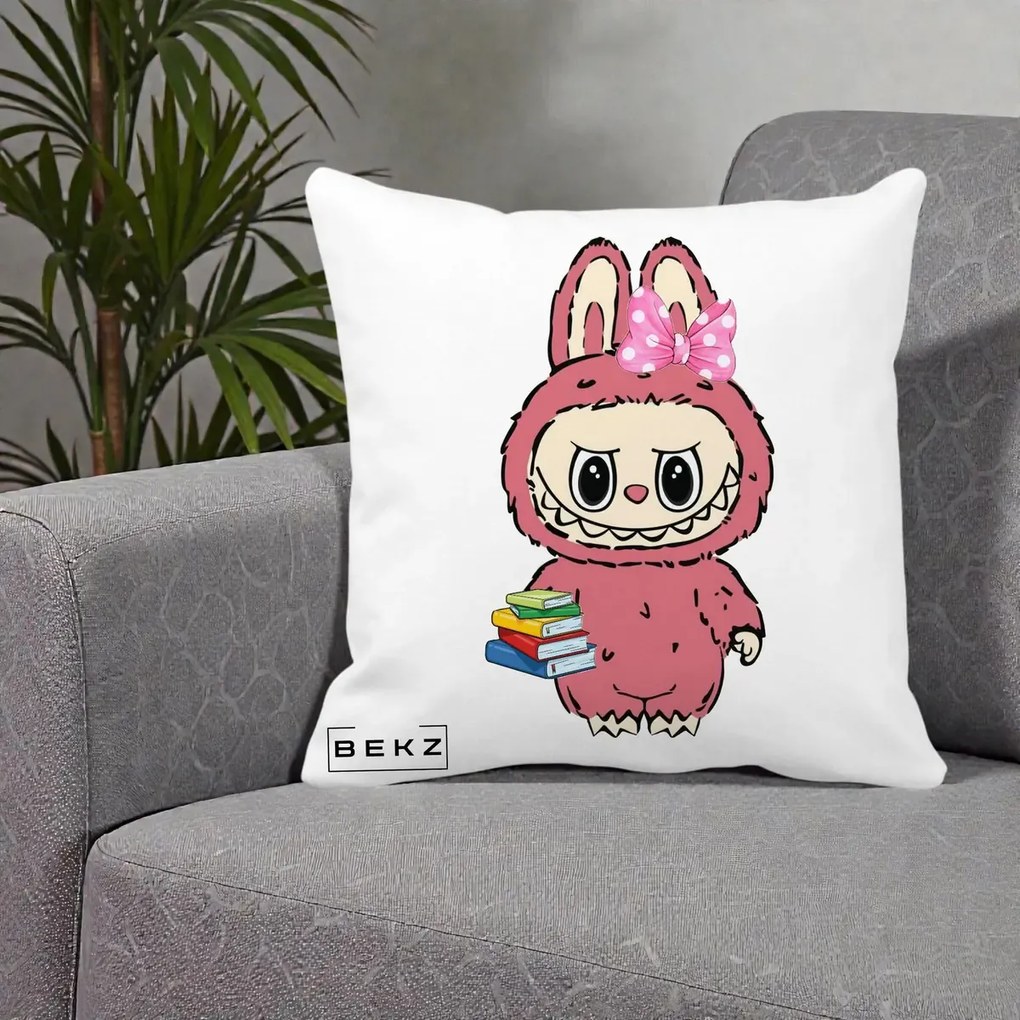 Perna Personalizata Labubu Roz cu Funda si Carti, 40x40 cm, Alba Mata, Husa Detasabila, Perna Inclusa, BEKZ®