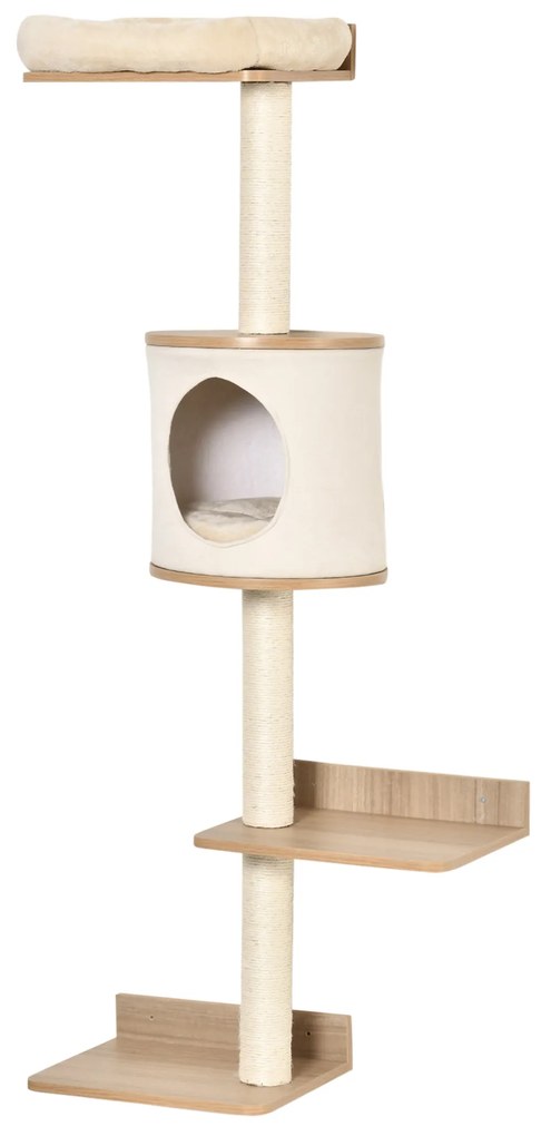 PawHut Copac pentru Pisici de Perete 38x30x149 cm cu Multiple Platforme din Lemn Vizuini Pat Superior Pernă Detașabilă Stâlpi Zgârietoare din Sisal Turn de Cățărat Bej și Stejar | Aosom Romania