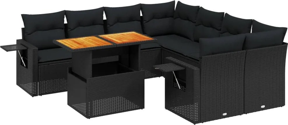 vidaXL Set mobilier de grădină cu perne, 9 piese, negru, poliratan