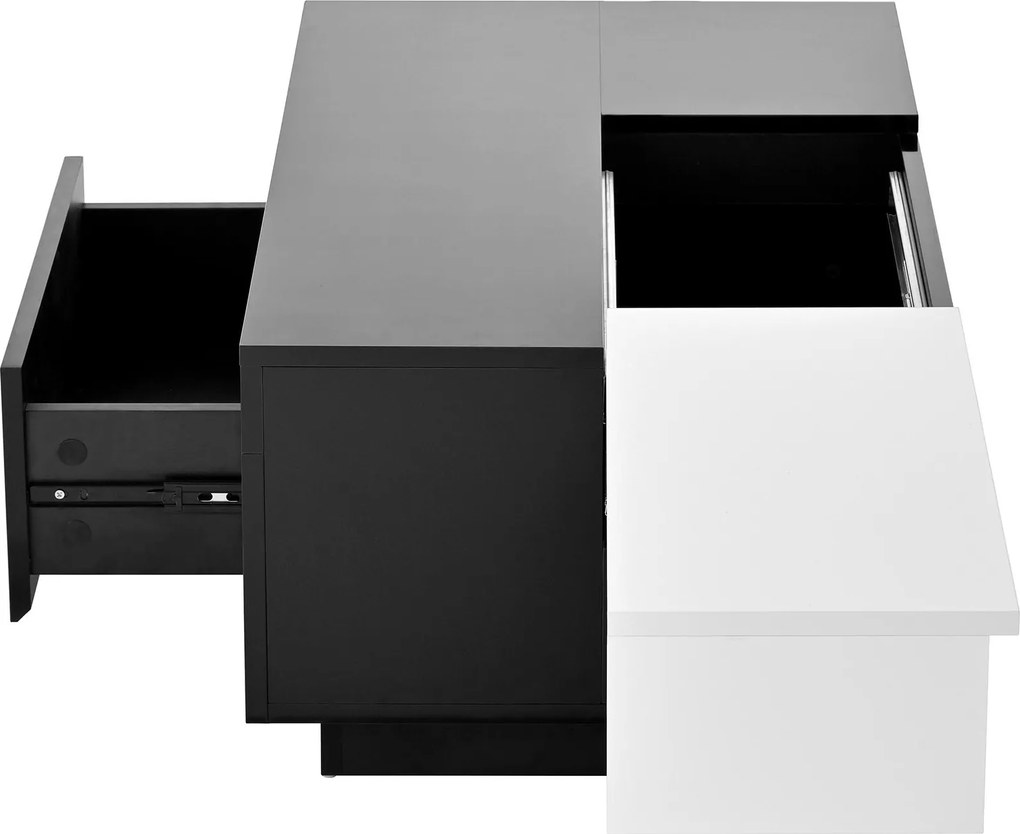 Masă de cafea cu iluminare LED, blat extensibil și spațiu de depozitare, 80x50x35,5 cm, Alb+Negru