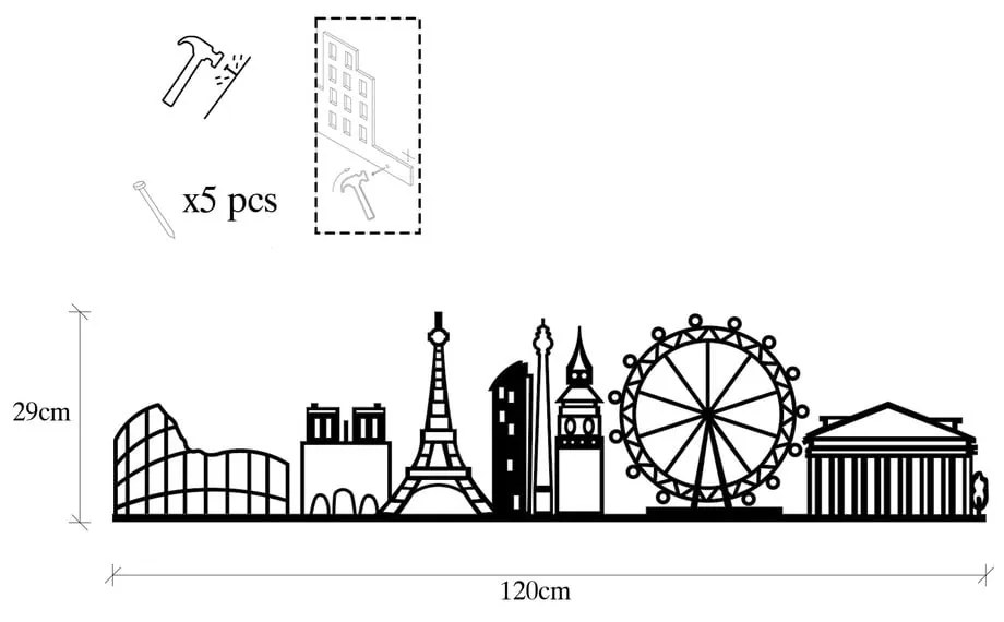 Decorațiune de perete din metal 120x29 cm Cities – Wallity