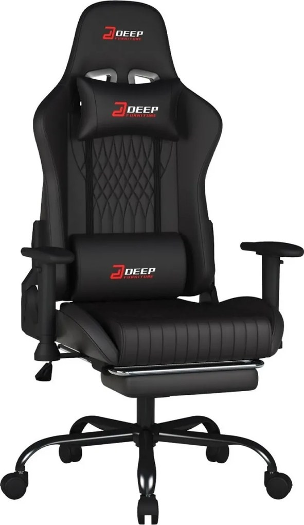 Scaun gaming, Pernă lombară cu Masaj vibrator, Suport pentru picioare, Cotiere 2D, piele PU, Negru