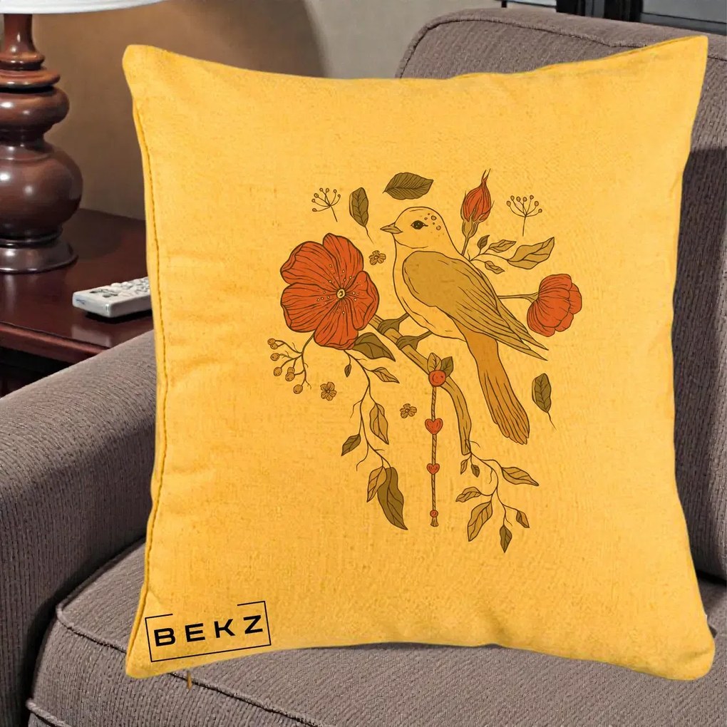 Perna Decorativa Pasare pe Ramura cu Maci, 40x40 cm, Galben, Husa Detasabila, Perna Inclusa, BEKZ®