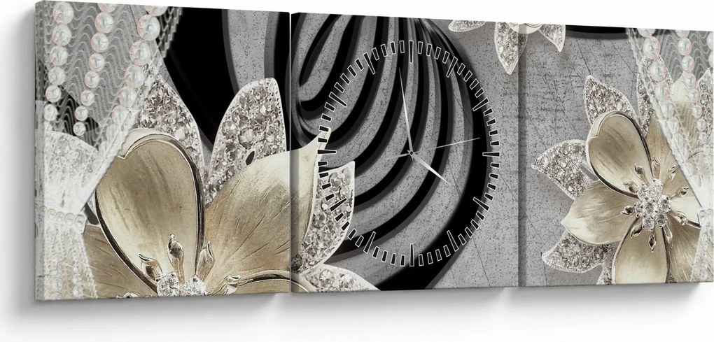 Tablou - 3D Flori aurii (cu ceas) (90x30 cm)