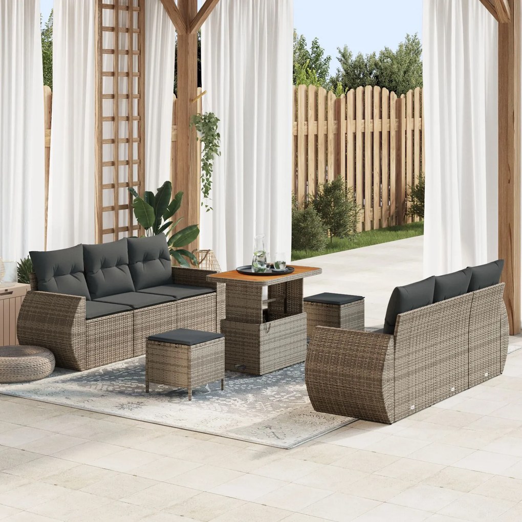 vidaXL Set de canapea de grădină cu 9 piese, perne incluse, gri, din rattan sintetic și acacia.
