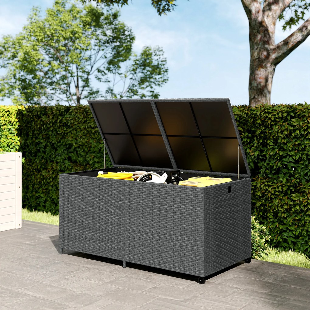 Outsunny Cutie pentru perne din rattan 650 L rezistentă la intemperii rezistent UV cu capac roți spațiu depozitare 150 x 75 x 74 cm Gri închis | Aosom Romania