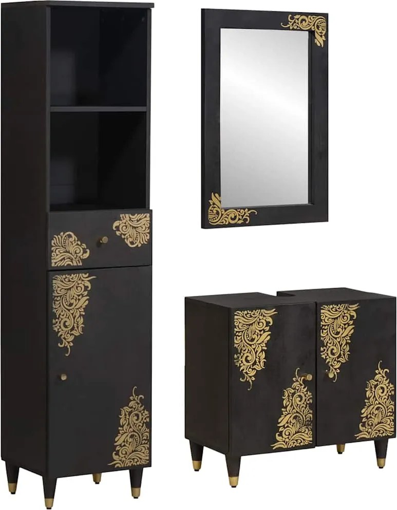 vidaXL Set dulap baie cu sertar cu ușă 3 pcs Negru Lemn de mango solid