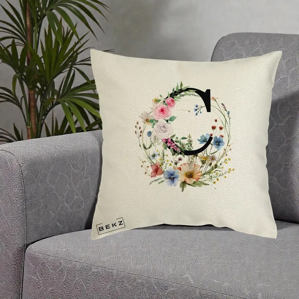 Cadou Personalizat - Perna Personalizata Monogram Litera C cu Flori Acuarela, 40x40 cm, Ecru, Husa Detasabila, Perna Inclusa, BEKZ®