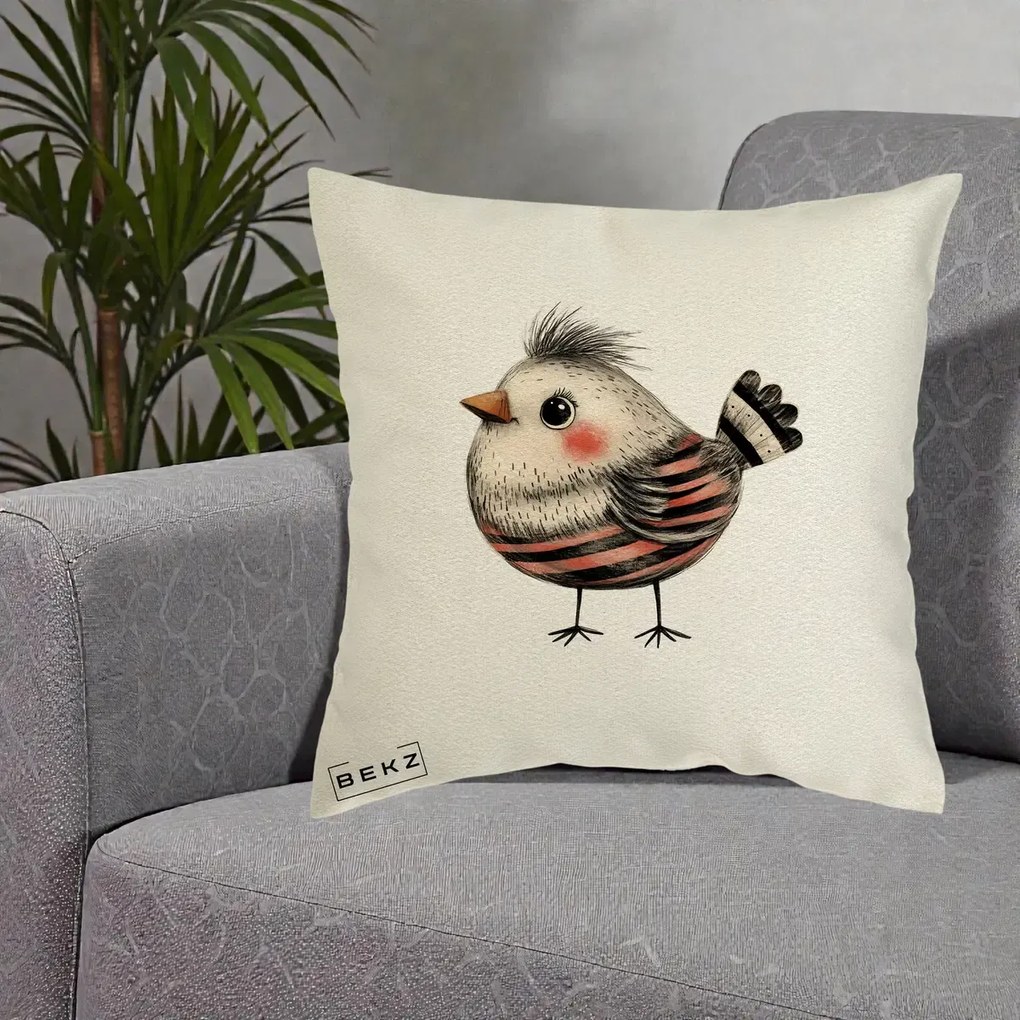 Perna Decorativa Pui Expresiv Dungi Negru-Rosu, 40x40 cm, Ecru, Husa Detasabila, Perna Inclusa, BEKZ®