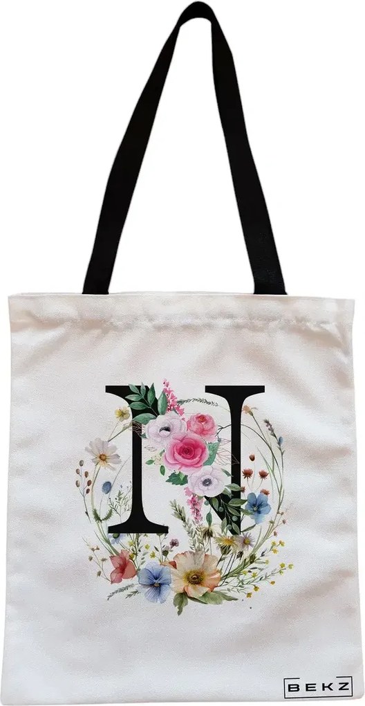 Sacosa de Panza pentru Cumparaturi, Geanta Tote, Cu litera N in Coronita Florala, Cu fermoar, 38x34.5 cm, Alba, BEKZ®