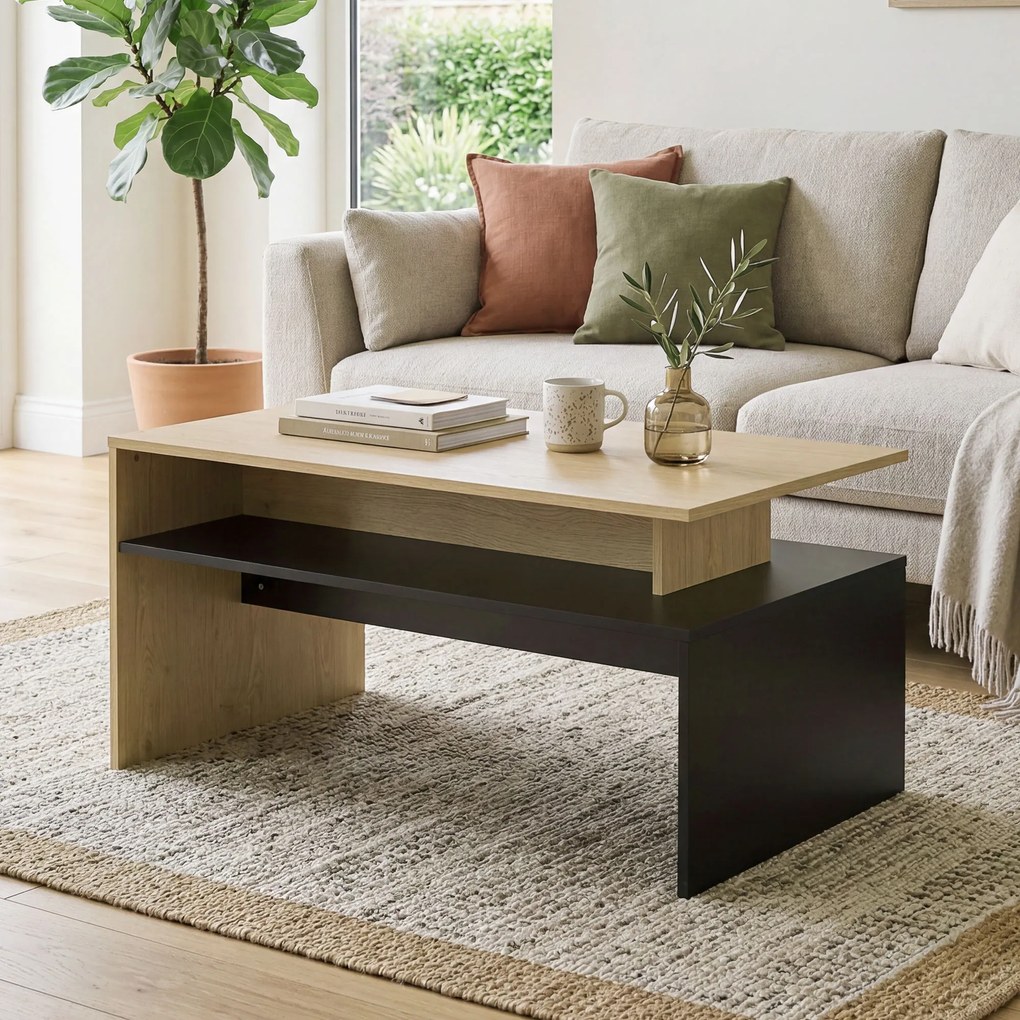 HOMCOM Masă de Cafea Modernă Bicoloră cu Niveluri Decalate și Poliță de Depozitare, 95 x 55 x 50 cm, Lemn Natural și Negru | Aosom Romania