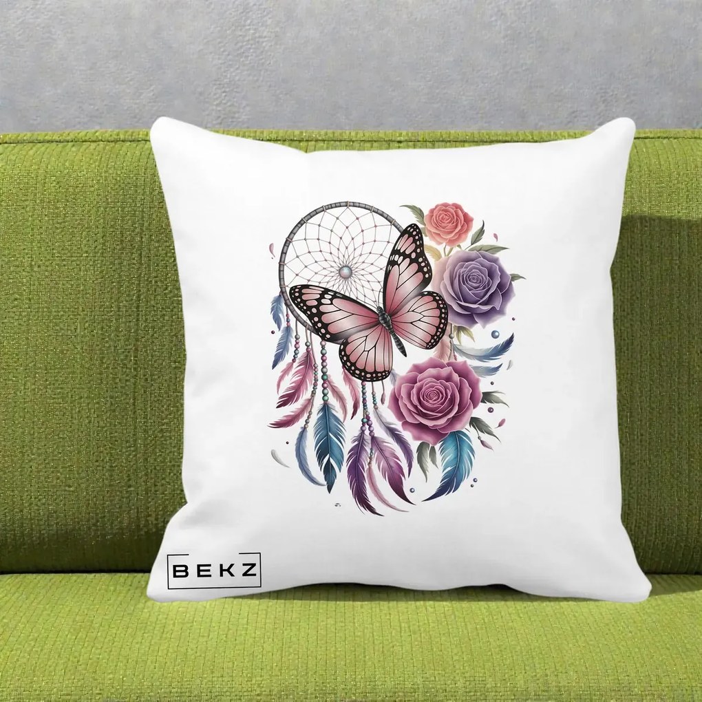 Perna Personalizata Prinzator de Vise cu Fluture si Trandafiri, 40x40 cm, Alba Mata, Husa Detasabila, Perna Inclusa, BEKZ®