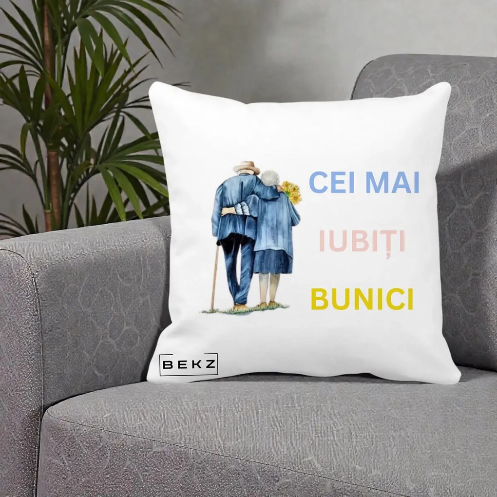 Cadou pentru Bunici - Perna Personalizata Cei Mai Iubiti Bunici Acuarela Spate, 40x40 cm, Alba Mata, Husa Detasabila, Perna Inclusa, BEKZ®