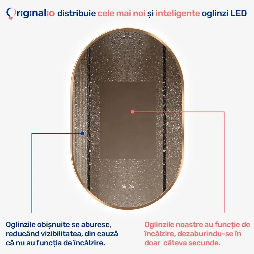 Oglindă LED Ovală (50x80 cm), 3 Moduri Iluminare (Lumină Rece, Naturală, Caldă), Intensitate Reglabilă, Funcție Dezaburire, Ramă Aluminiu, Control Tactil (Touch)