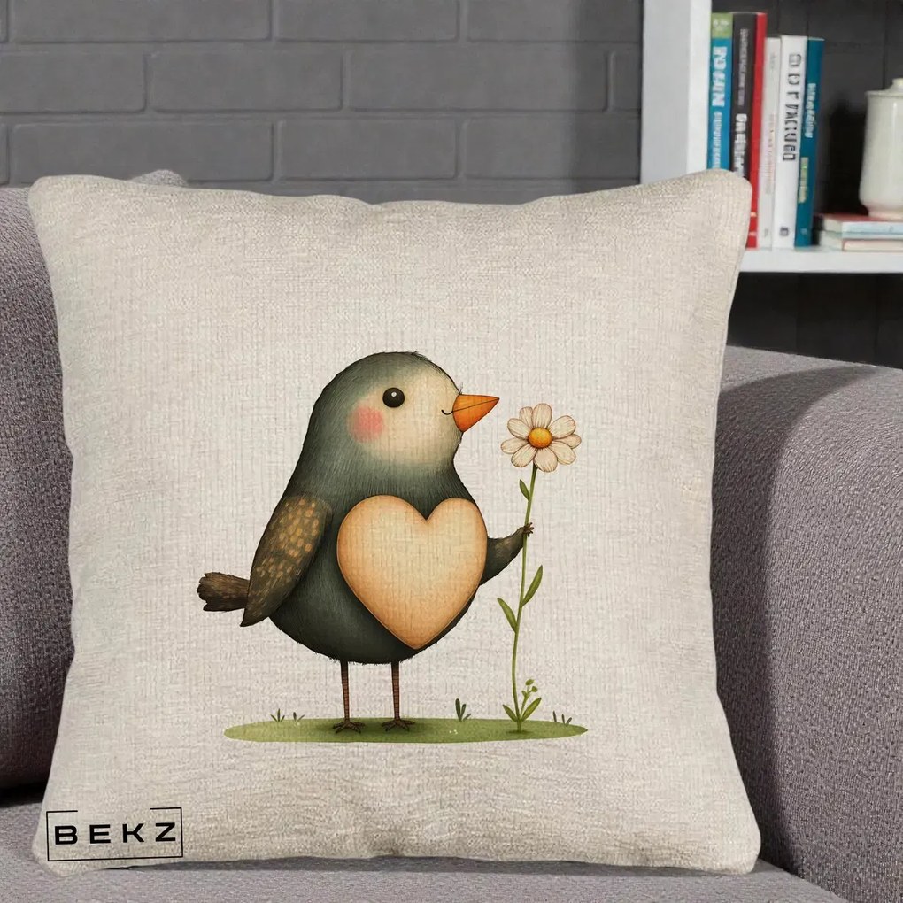 Perna Decorativa Pasare cu Inima si Margareta, 40x40 cm, Bej Canapea, Husa Detasabila, Perna Inclusa, BEKZ®