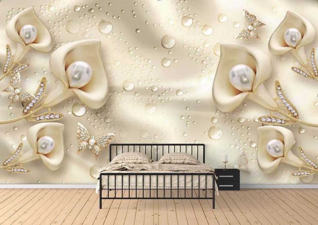 Fototapet 3D , Flori callas din perle si stropi de apa Art.05162