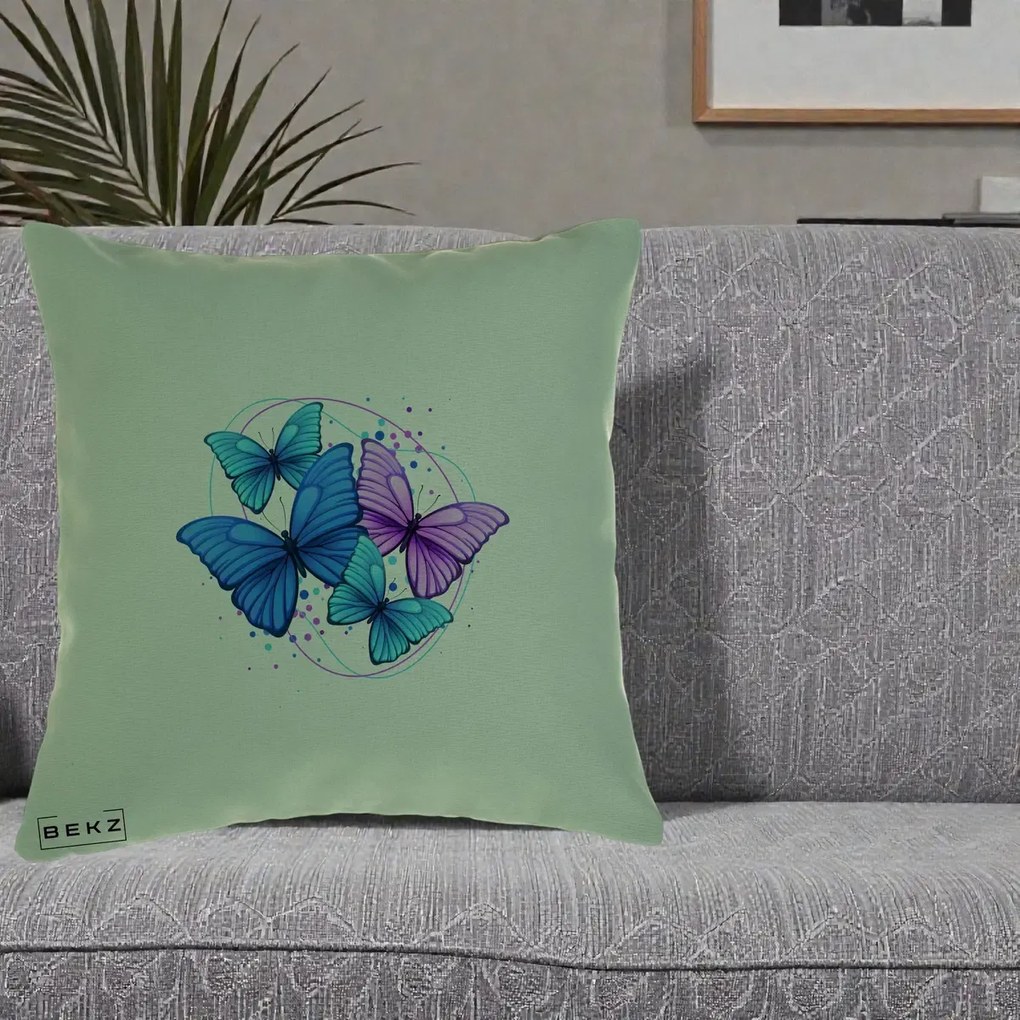 Perna Decorativa Patru Fluturi Turcoaz-Violet, 40x40 cm, Verde, Husa Detasabila, Perna Inclusa, BEKZ®