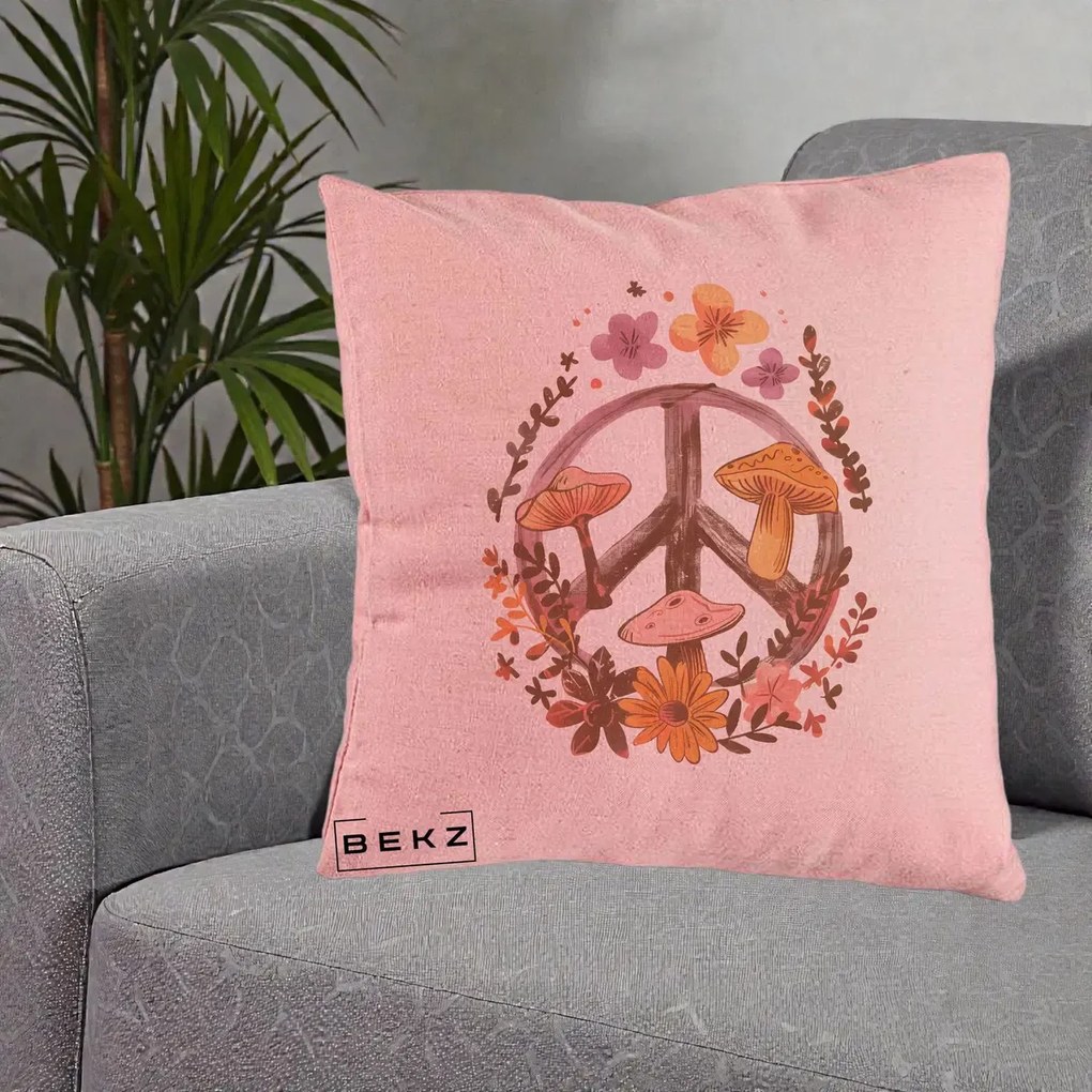 Perna Decorativa Peace Sign Ciuperci Floral, 40x40 cm, Roz, Husa Detasabila, Perna Inclusa, BEKZ®