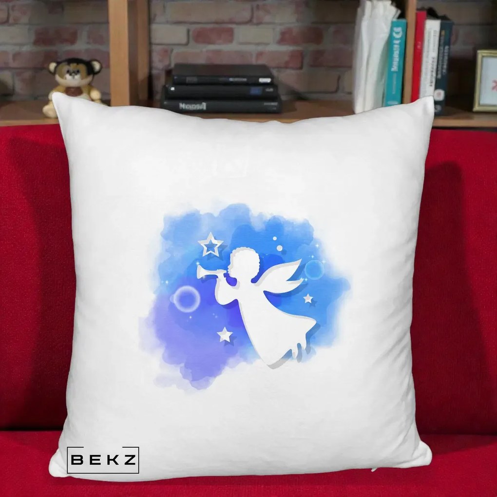 Perna Decorativa Inger cu Trompeta Albastru, 40x40 cm, Alb Pufos, Husa Detasabila, Perna Inclusa, BEKZ®