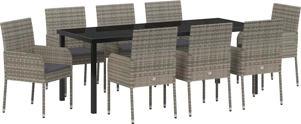 vidaXL Set de masă pentru grădină cu pernă 9 pcs Gri poliratan