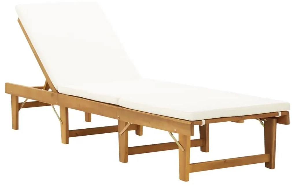 vidaXL Șezlong pliabil cu pernă, alb crem, lemn masiv de acacia