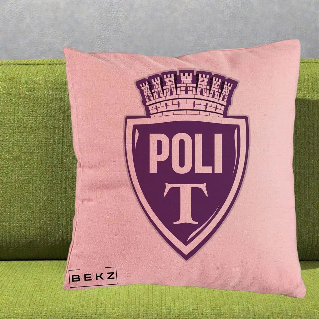Perna Personalizata Poli Timisoara Fotbal, 40x40 cm, Roz, Husa Detasabila, Perna Inclusa, BEKZ®