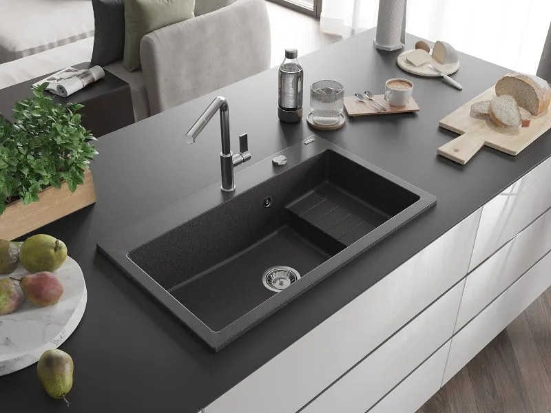 Mexen Omar chiuvetă de granit cu 1 compartiment 800 x 480 mm, neagră cu pete, sifon cromat - 6520801005-76