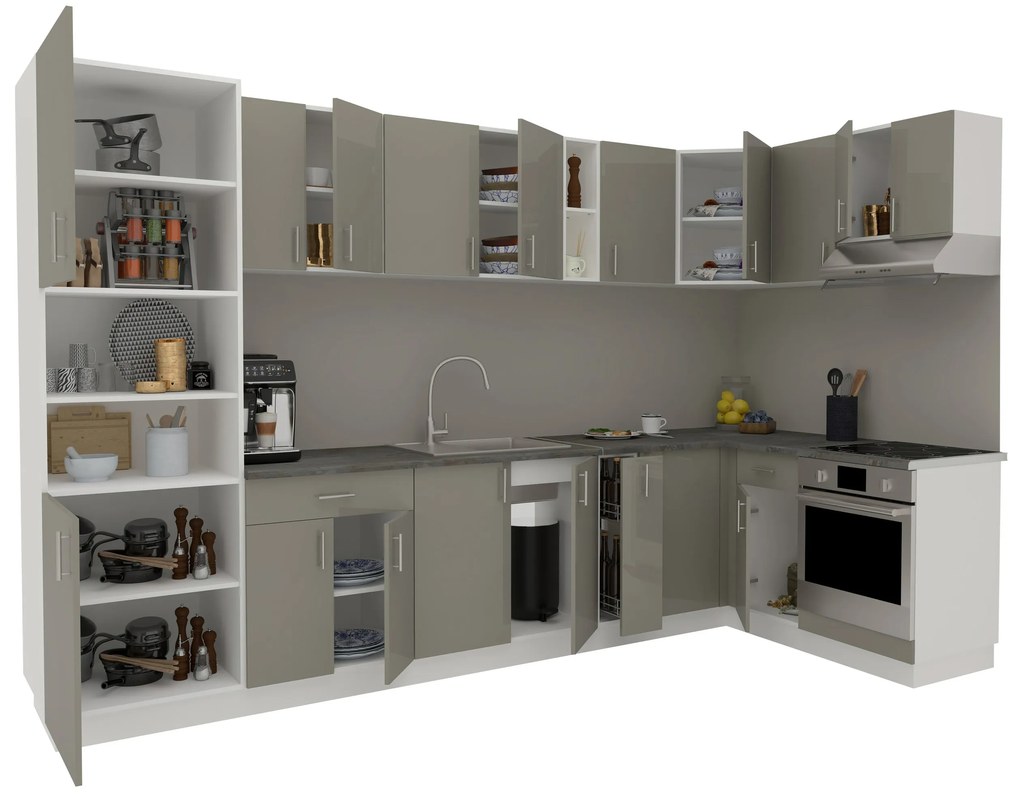 Set Bucatarie Colt Karo V35, Gri Lucios/Alb, MDF, Blat Thermo 28 mm, L 320 x 160 cm