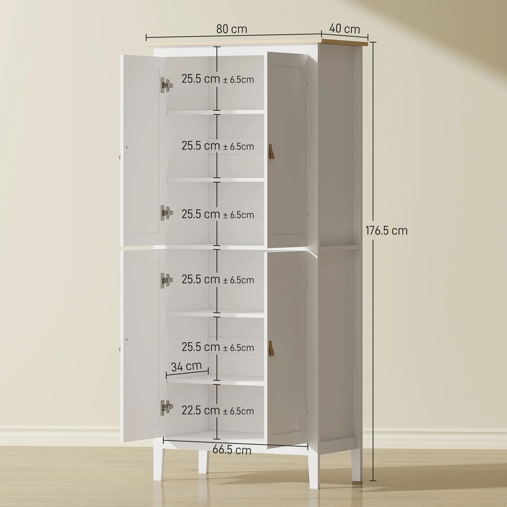 HOMCOM Bufet Înalt de Bucătărie 177 cm, Dulap cu Lumină LED, Reglabil în 3 Culori, Rafturi Ajustabile, Alb | Aosom Romania