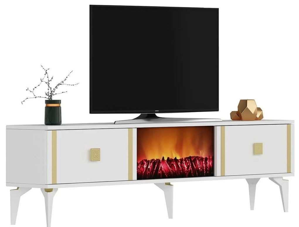 Masă TV/Dulap cu șemineu Tobuvu 2 (alb + auriu) . 1095521