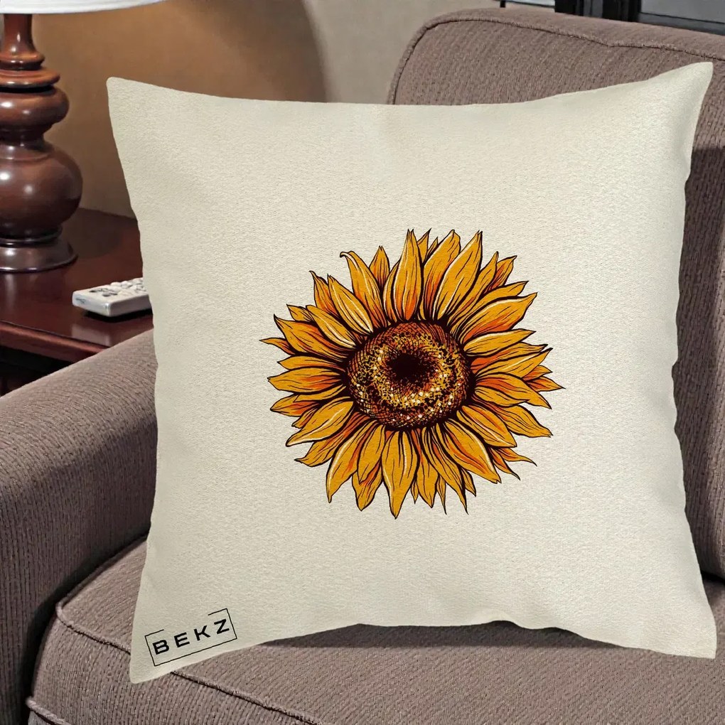 Perna Decorativa Floarea Soarelui Vibranta, 40x40 cm, Ecru, Husa Detasabila, Perna Inclusa, BEKZ®