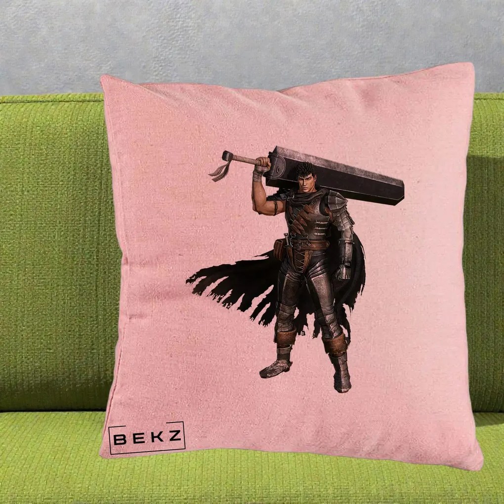 Perna Personalizata Berserk Guts Luptatorul Negru, 40x40 cm, Roz, Husa Detasabila, Perna Inclusa, BEKZ®