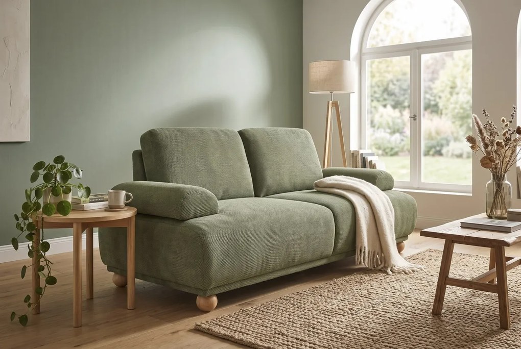 Canapea extensibilă cu 3 locuri din bumbac, verde, spătar rabatabil, picioare sferice din lemn, material rezistent la pete, 95 x 245 x 125 cm,