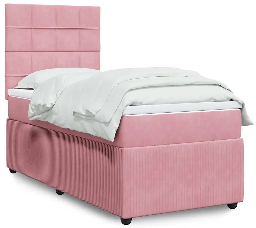 vidaXL Pat box spring cu saltea, roz, 90x200 cm, catifea