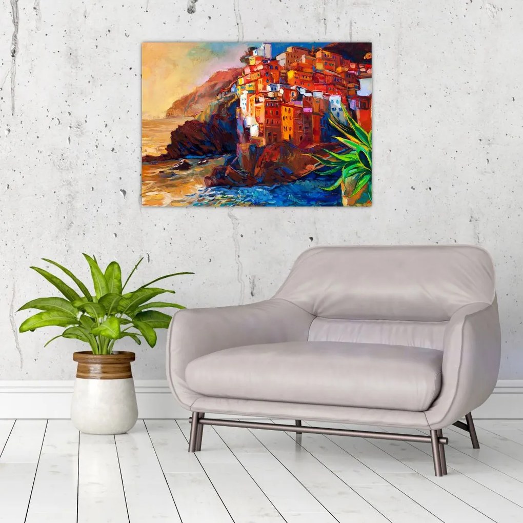 Tablou pe sticlă - Satul de coastă Cinque Terre, Riviera italiană, impresionismul modern (70x50 cm)