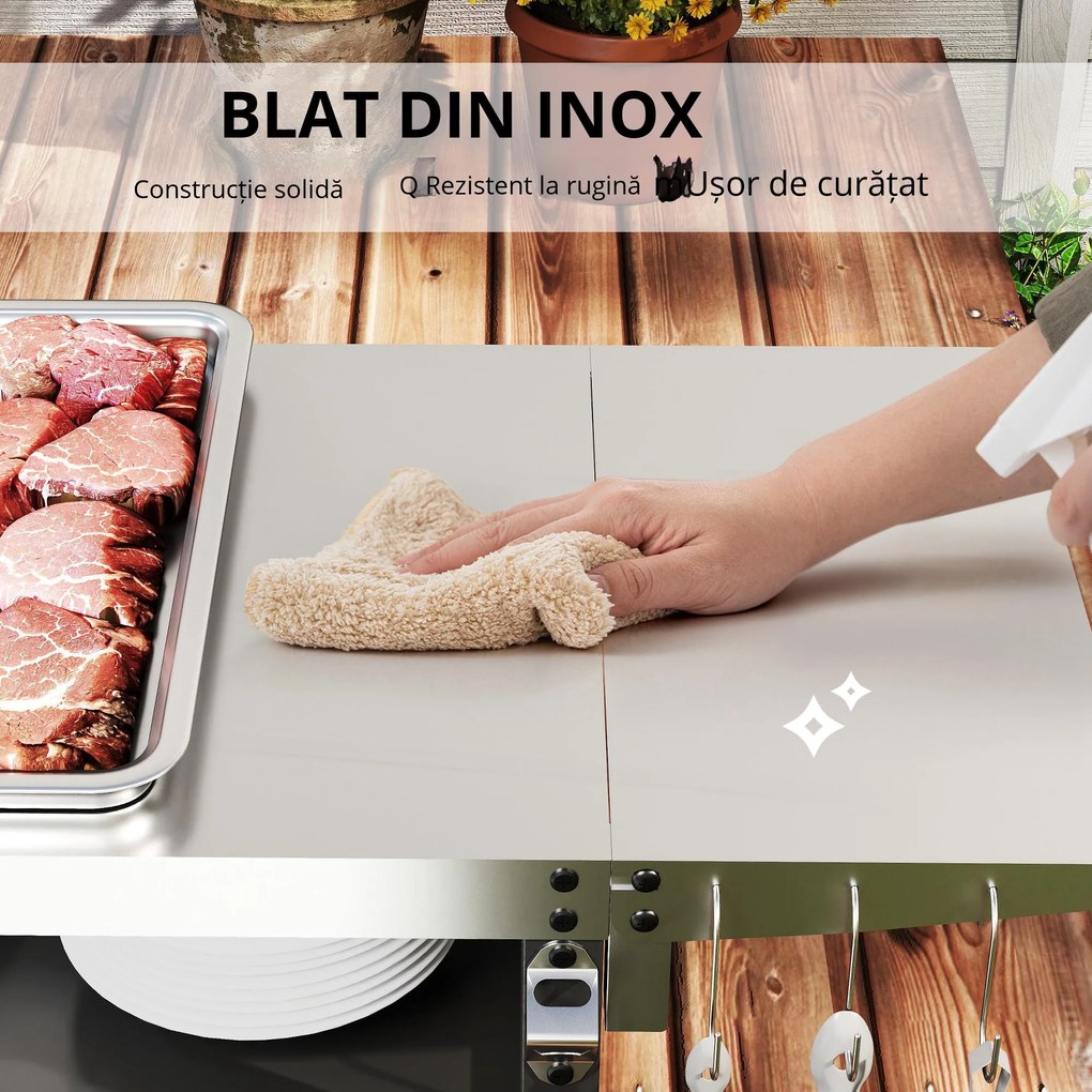 Outsunny Cărucior pentru Grătar cu Blat din Oțel Inoxidabil și Măsuță Laterală Pliabilă, 116x50x93 cm, Negru | Aosom Romania