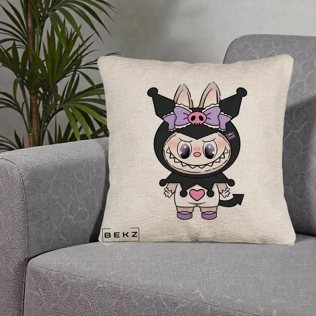 Perna Personalizata Labubu x Kuromi, 40x40 cm, Bej Canapea, Husa Detasabila, Perna Inclusa, BEKZ®